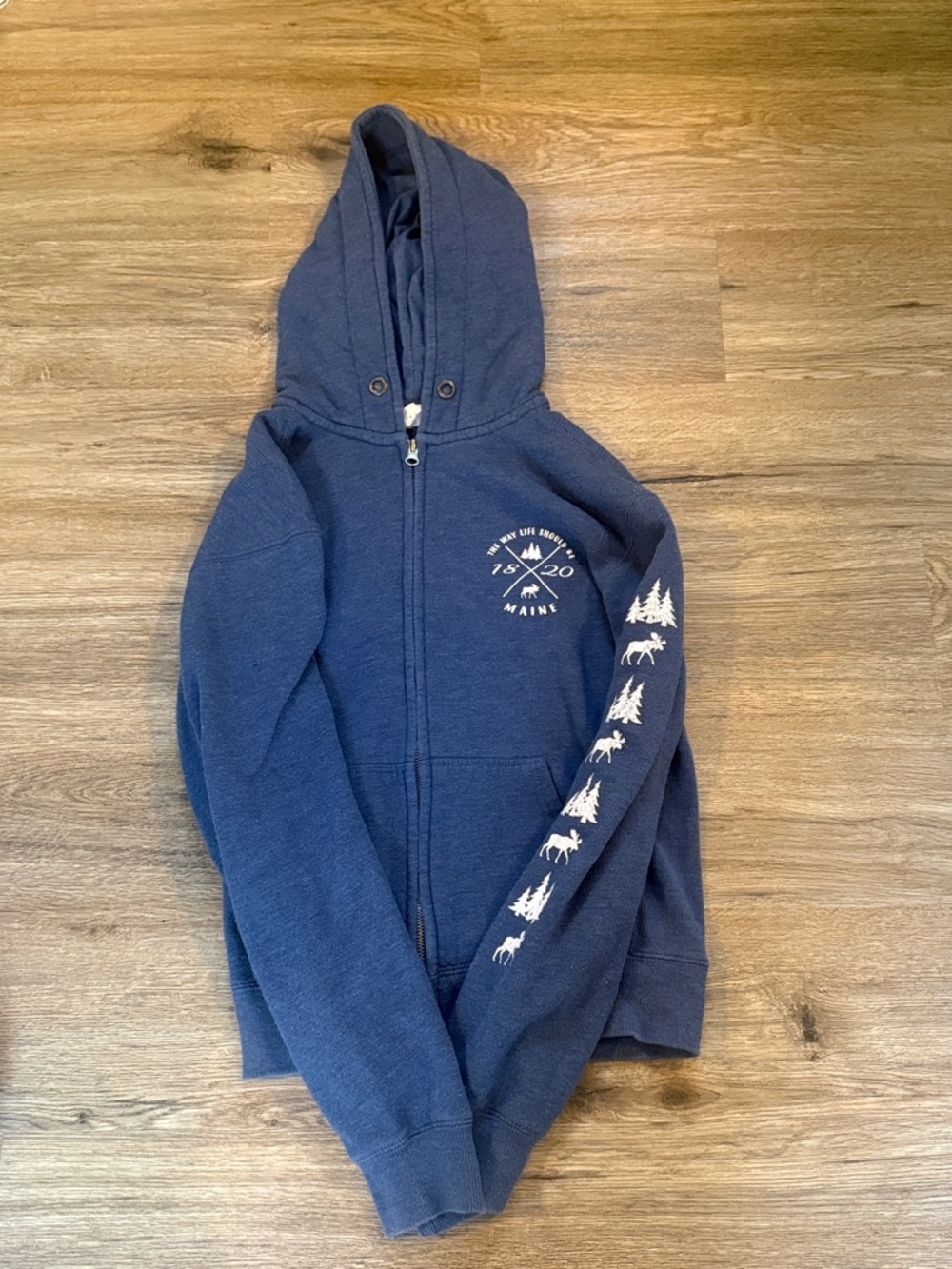 Navy Blue Zip-Up Hoodie with Moose & Tree Graphics